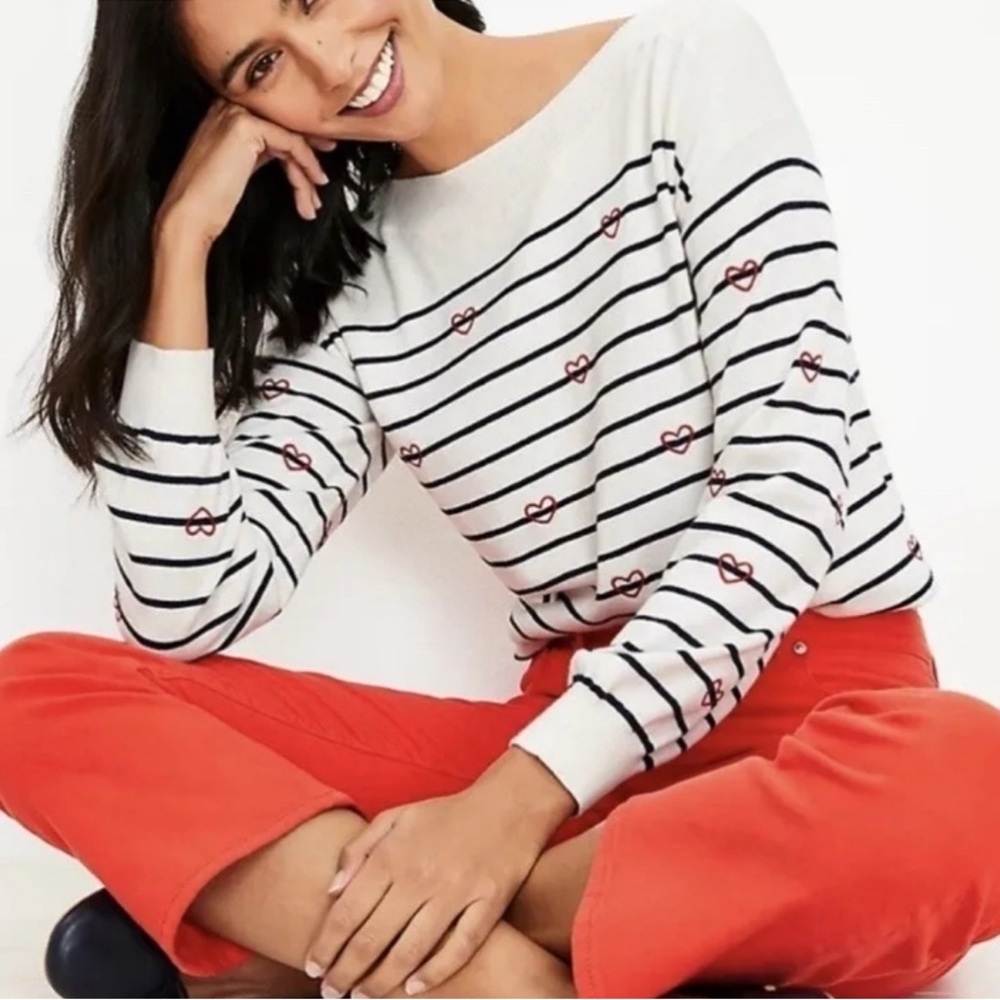 LOFT White and Navy Heart Stripe Sweater